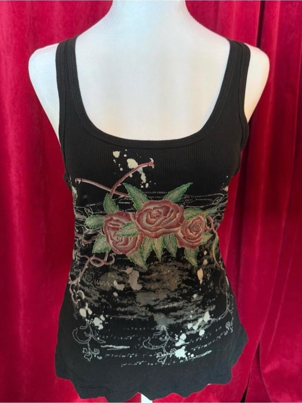 Black Floral Rose Ribbed Tank Top